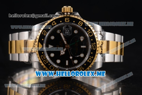 Rolex GMT-Master II Asia 2813 Automatic Two Tone Case/Bracelet with Black Dial and Dot Markers - Click Image to Close